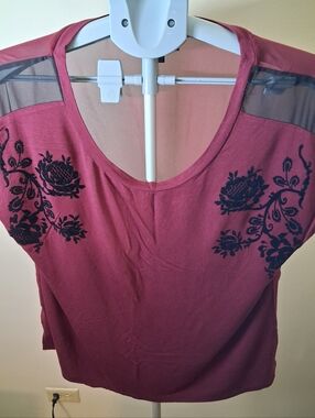 Rampage Scoop Neck Knit Top - Wine Black Floral Sheer Back